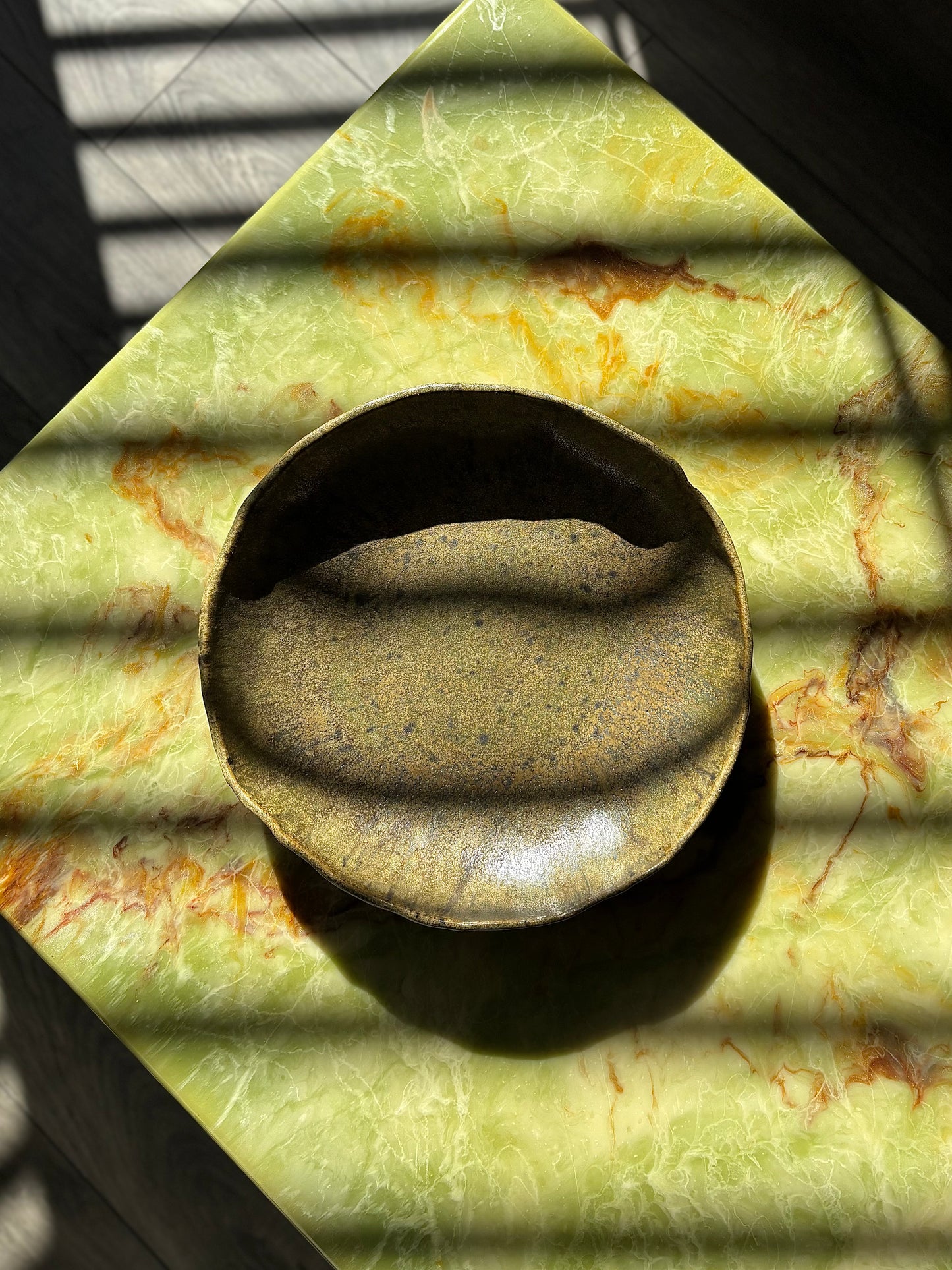 asymmetric pasta bowl in speckle green glaze