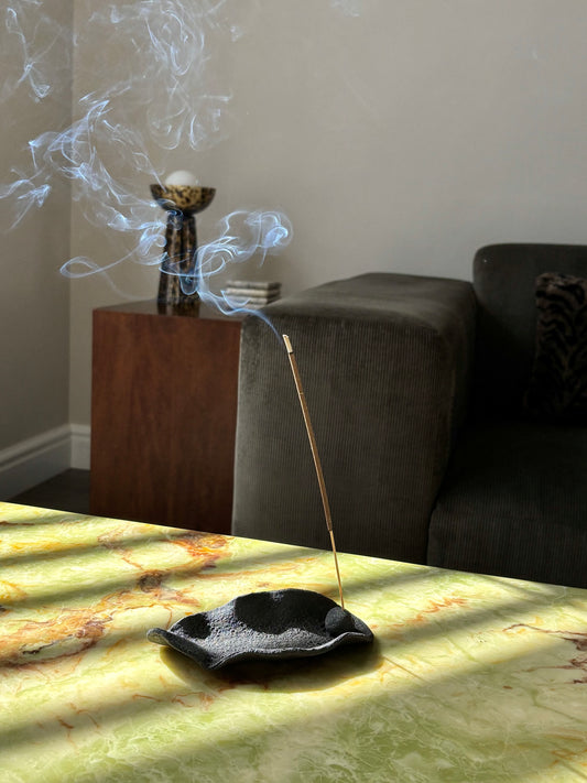incense holder in black textured glaze