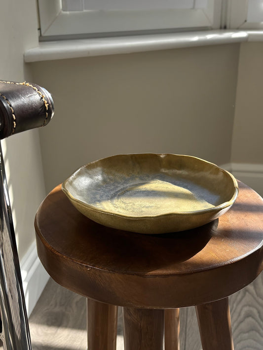 asymmetrical pasta bowl in green/beige glaze